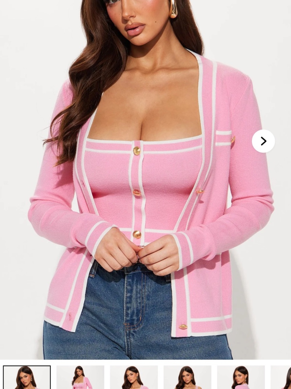 Fashion Nova Pink Knit Cardigan & Tank Set with White Trim